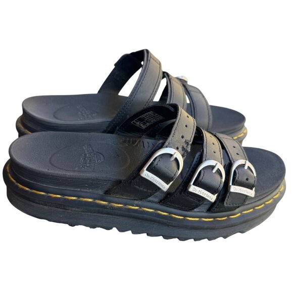 Dr. Martens Blaire Black Leather Slide Sandals Size 7 Triple Strap & Buckles - Picture 1 of 13